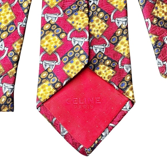 Celine Red & Gold Horse Bit 100% Silk Men’s Neck Tie - Picture 6 of 11